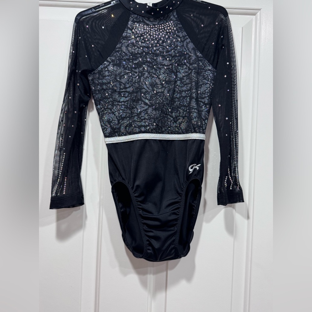 GK Elite Couture Leotard AS Black Mesh Rhinestone High Neck Competition Leo